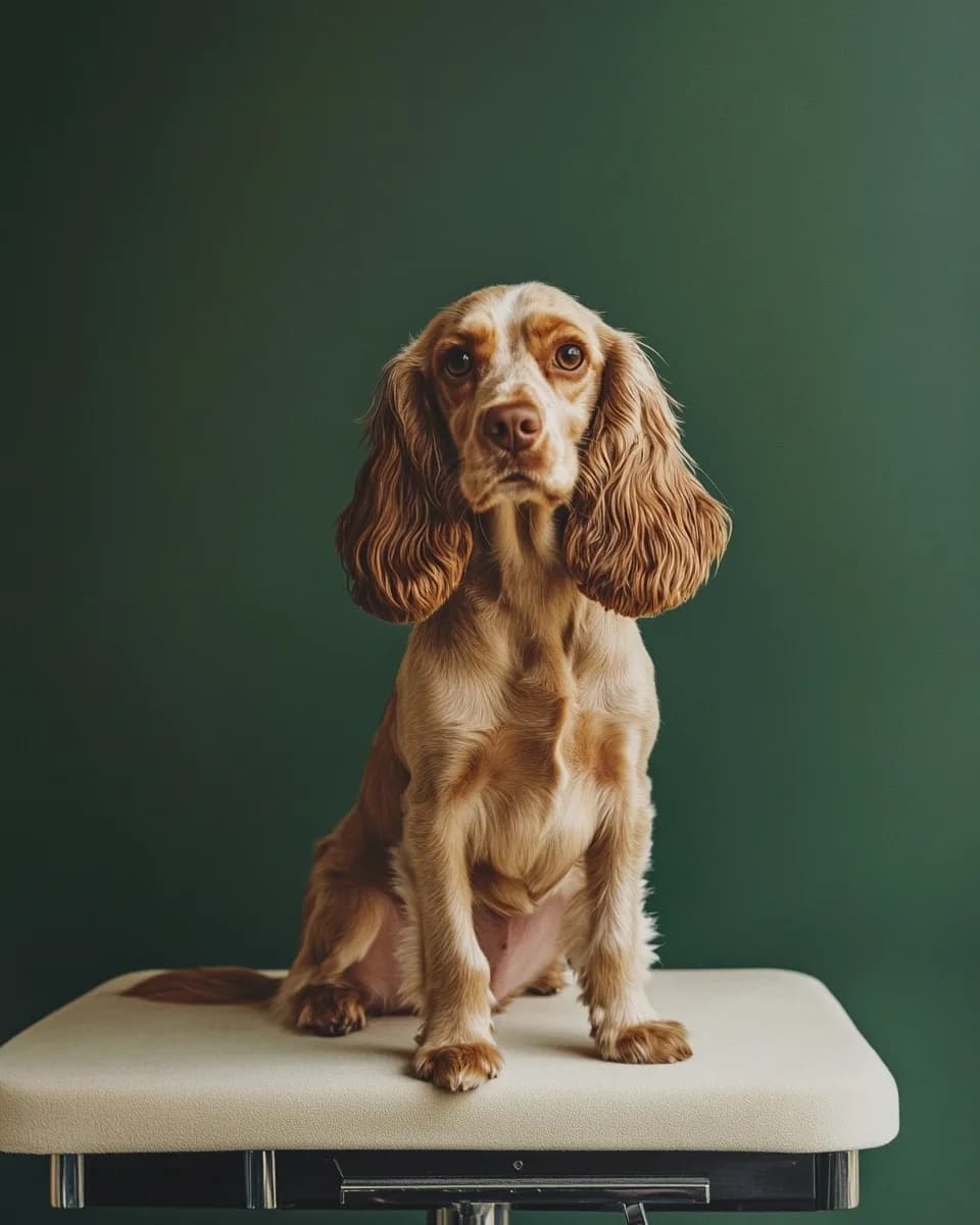 Un cocker fraîchement coupé, assis sur la table de toilettage — Coupe Créative Dog Factory