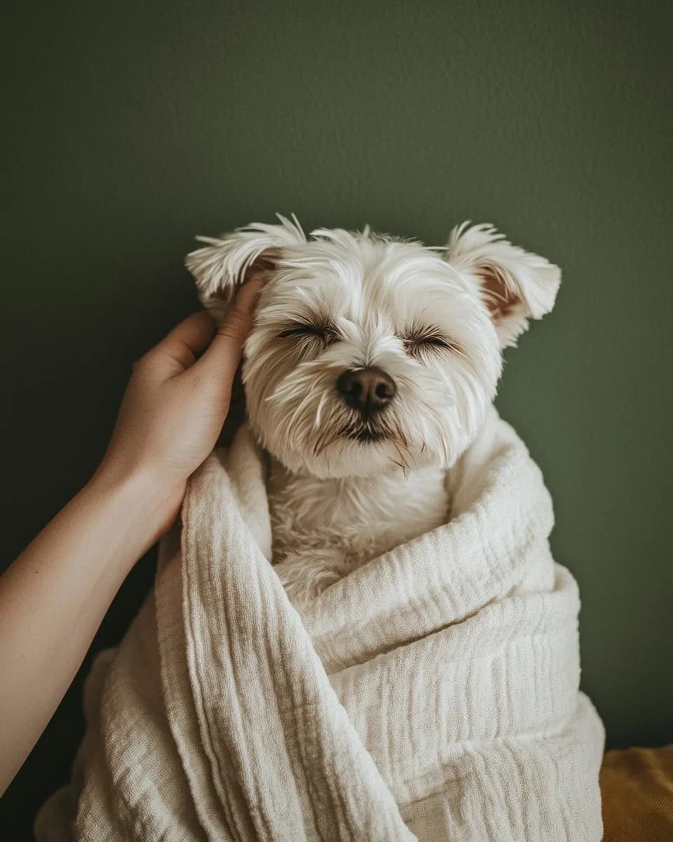 Un petit chien blanc les yeux fermés, enveloppé dans une serviette — Pause Bien-être Dog Factory